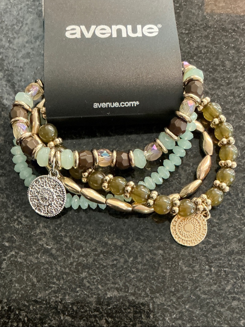 Avenue Mint & Olive Multi-Strand Beaded Bracelet Set with Gold & Silver Charms